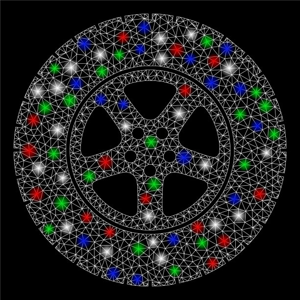 明亮的网钢丝框架汽车车轮与耀斑图片下载