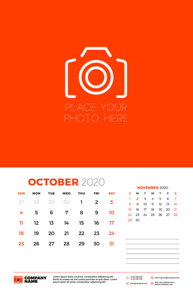 2020年10月墙上日历计划器模板周图片下载