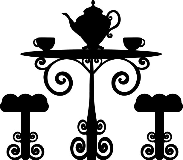 剪影复古桌子，两把椅子和两把茶壶图片下载