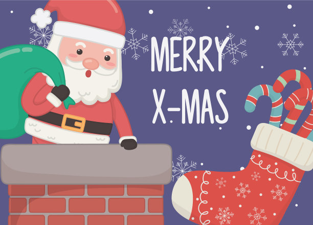 圣诞老人带着袋装礼物在烟囱里圣诞快乐图片下载