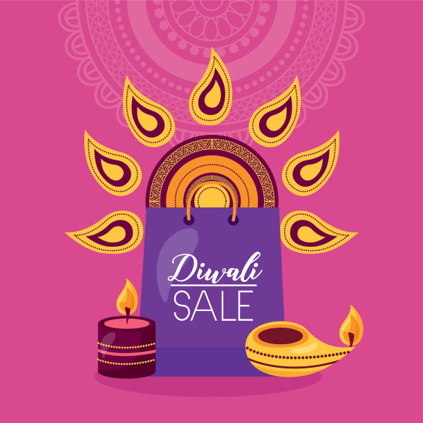 有购物袋和蜡烛的排灯节促销卡图片下载