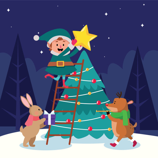 卡通圣诞小精灵和动物在圣诞节前后图片下载