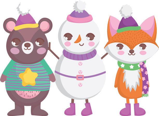 熊，狐狸和雪人戴着帽子和围巾快乐的图片下载