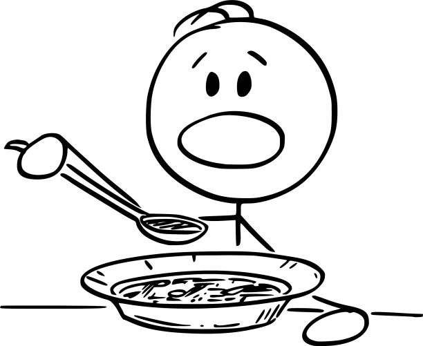 卡通男人或男孩用勺子喝汤图片下载