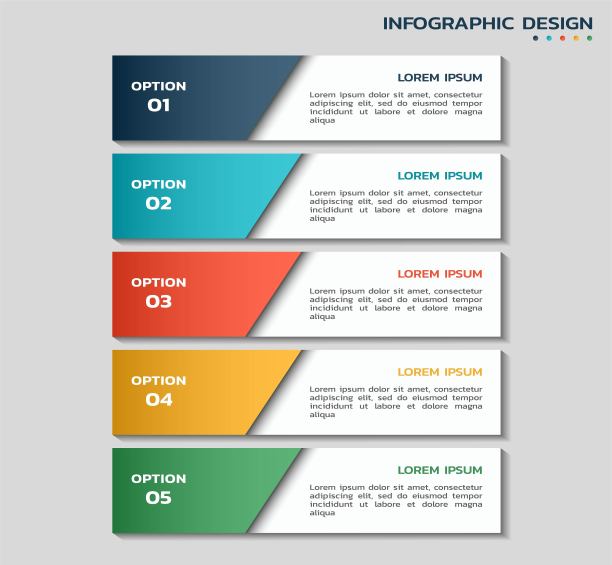 有五个选项的工作流信息图模板。带文本框的彩色流程图信息图设计图片下载