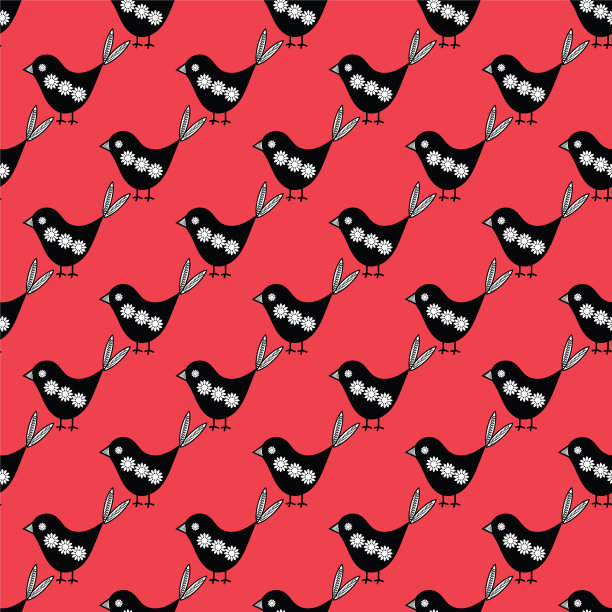 可爱的小鸟在民间艺术风格的一个明亮的红色图片下载