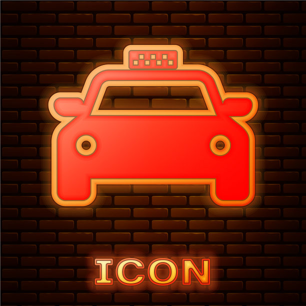 霓虹灯出租车的图标孤立在砖墙上图片下载