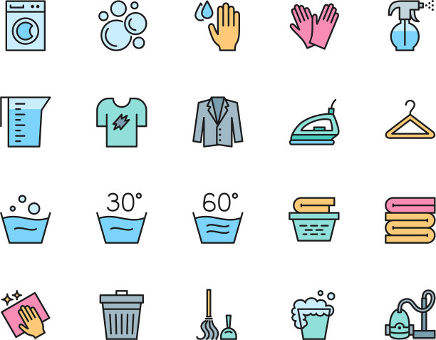 设置洗衣和清洁颜色线图标图片下载