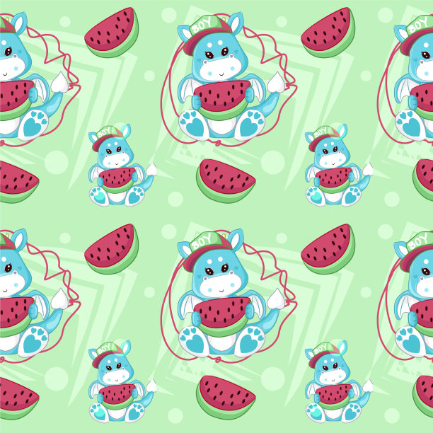 手绘可爱的龙吃西瓜图案图片下载