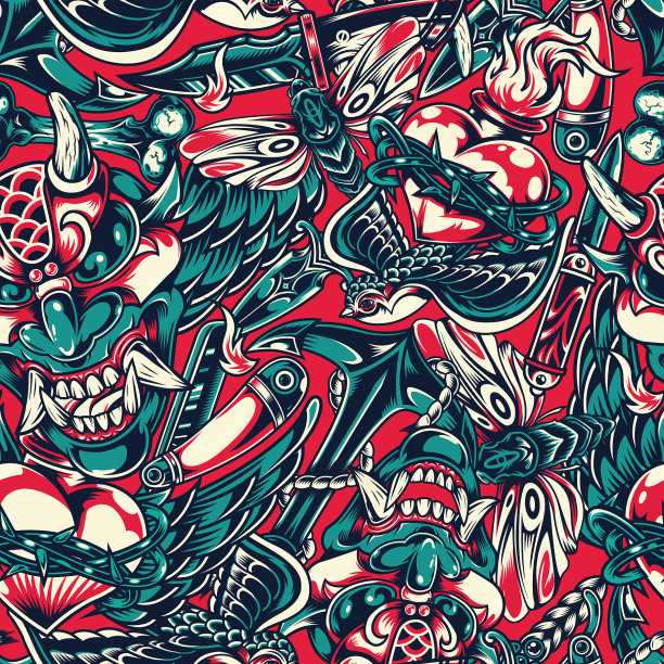 复古闪光纹身设计无缝图案图片下载