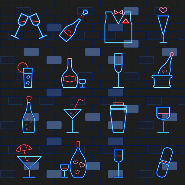 饮料霓虹灯图标设置在黑色的砖墙上图片下载