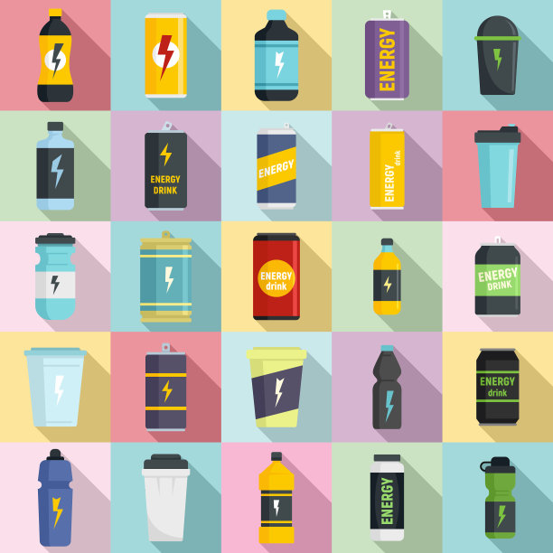 能量饮料图标设置扁平风格图片下载