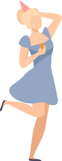 年轻的女孩穿着蓝色的衣服，戴着派对帽跳舞图片下载