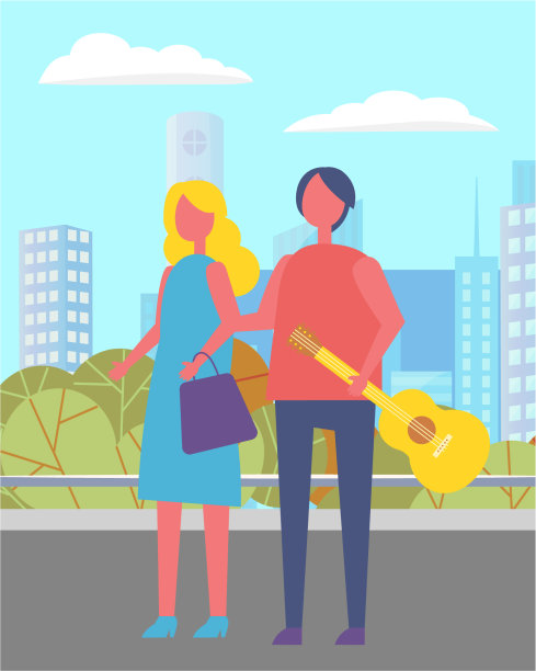 夏天，人们拿着吉他在城市公园里散步图片下载