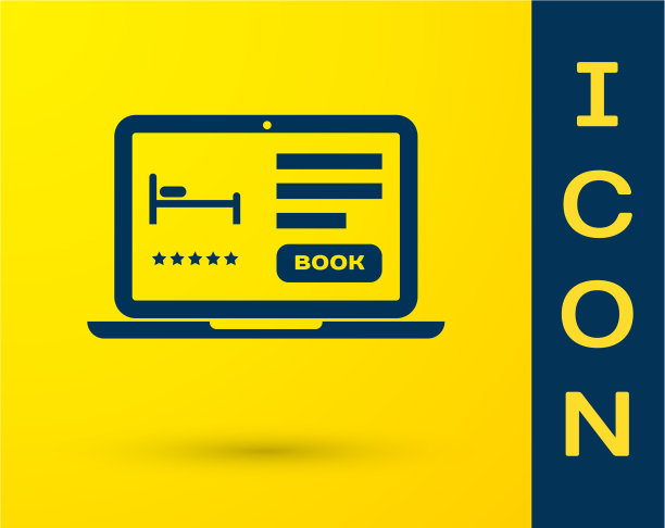 蓝色在线酒店预订图标孤立在黄色图片下载