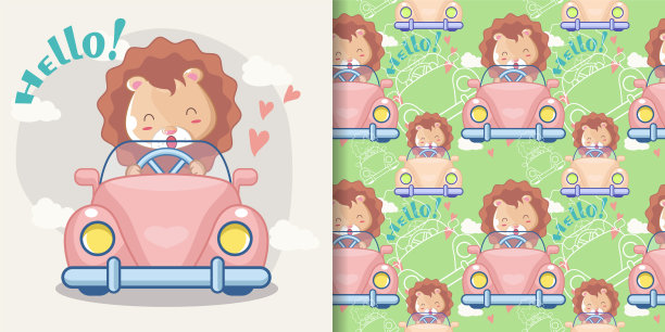 可爱的狮子在汽车和模式集图片下载