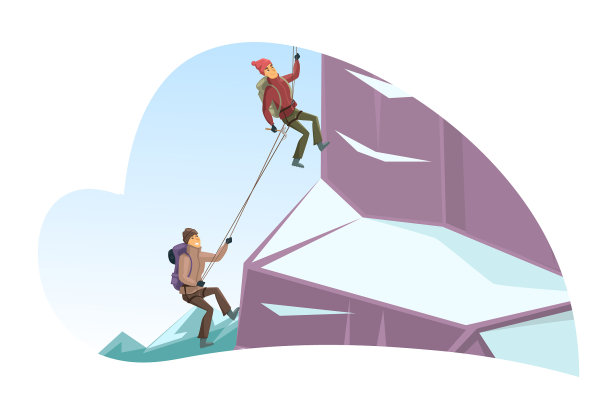 男人和女人爬上覆盖着雪的悬崖图片下载