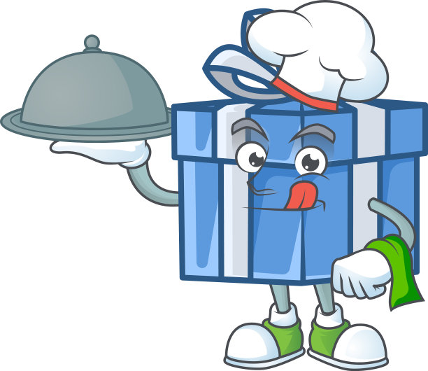 微笑蓝色礼盒作为厨师与食物卡通图片下载