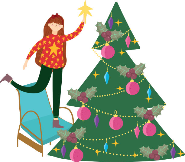 圣诞快乐，坐在椅子上装饰圣诞树的女人图片下载