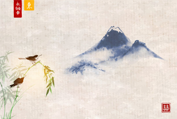 两只鸟在竹子和遥远的蓝山图片下载