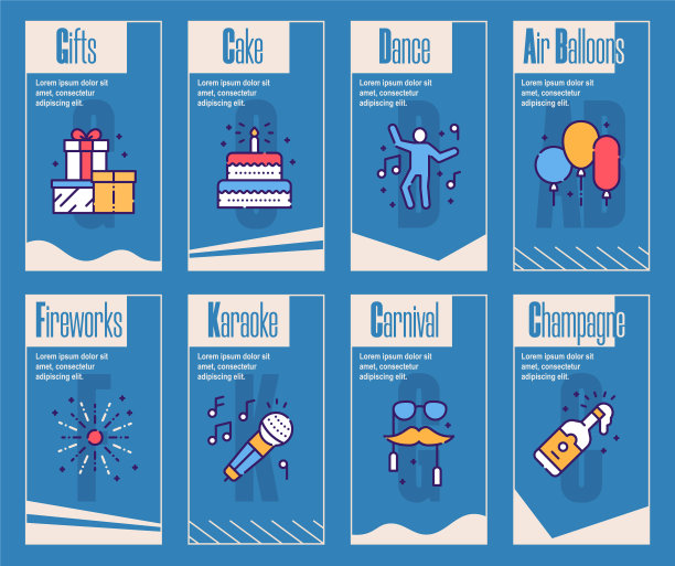 生日物品颜色线性图标集图片下载