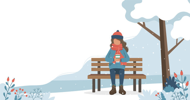 女孩坐在冬天的长椅上喝着咖啡很可爱图片下载