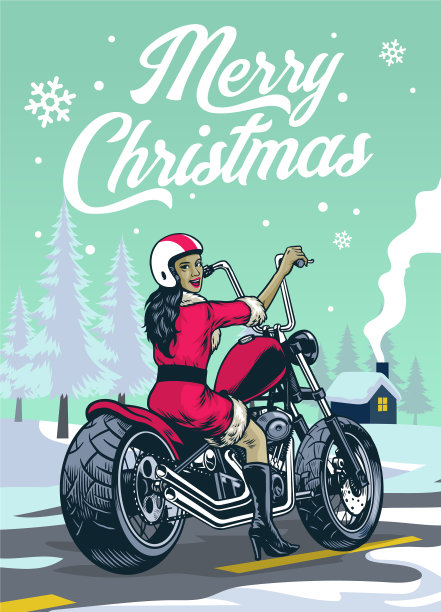 中间是穿着圣诞老人服装的摩托女郎图片下载