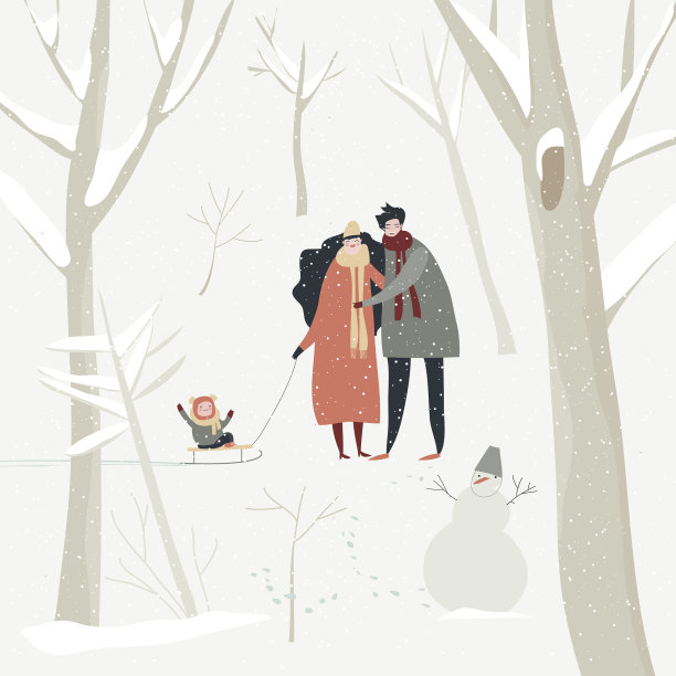 卡通快乐的一家人在冬天的森林里散步图片下载