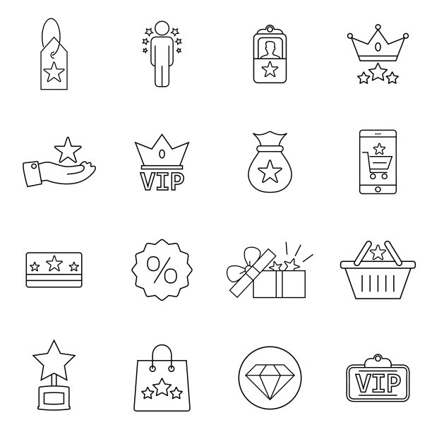 版税程序线图标集。包括图标作为会员，VIP，独家，钻石，徽章，高水平和更多。网页设计，移动应用。图片下载