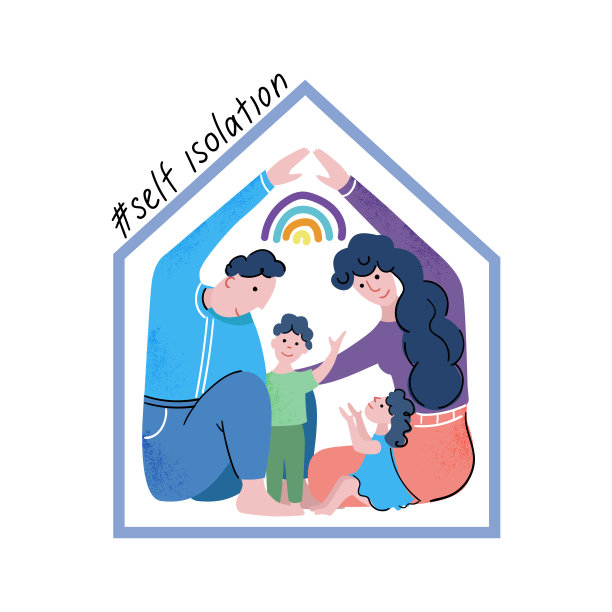 一个在大流行期间自我隔离的家庭。房子的轮廓中有母亲、父亲和两个孩子。矢量插图在平面风格。图片下载