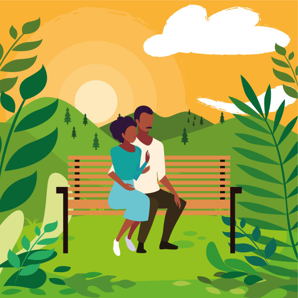 坐在公园椅子上相爱的情侣图片下载