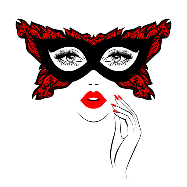 美丽的女人的脸与红色的嘴唇在黑色和红色面具与花卉图案，茂盛的睫毛，手与红色美甲指甲。美丽的标志。指甲艺术工作室。矢量插图。党狂欢节面具。图片下载
