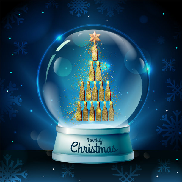 真实的雪花球与金色香槟瓶图片下载