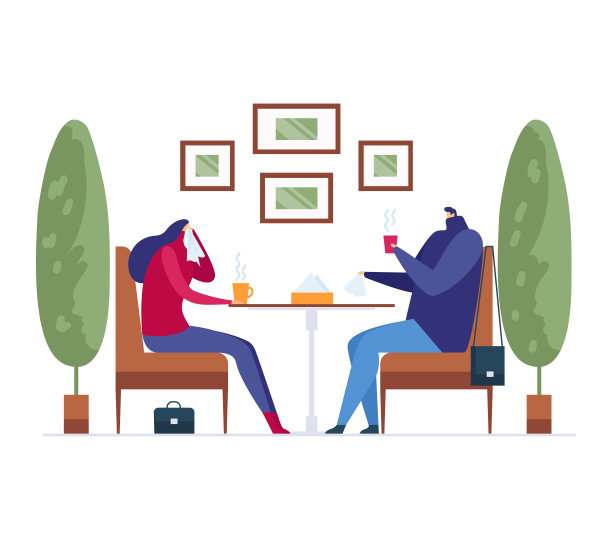 流感季节疾病在厨房室内，病媒说明。卡通男女人物带着感冒在餐桌上喝酒。图片下载