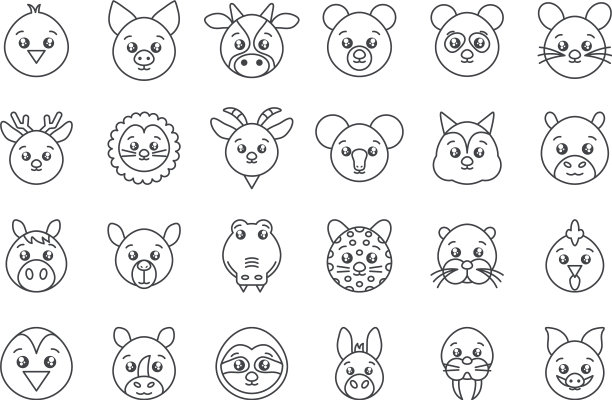 可爱的动物头卡通图标设置线条风格图片下载