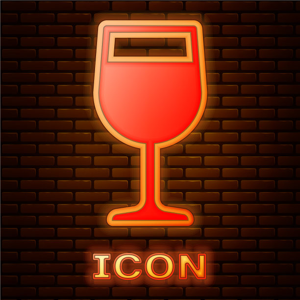 发光的霓虹灯葡萄酒杯图标孤立在砖块上图片下载