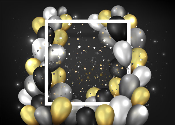 金色，黑色和银色气球与白色框架图片下载