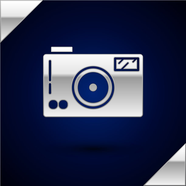 银色照片相机图标孤立在深蓝色图片下载