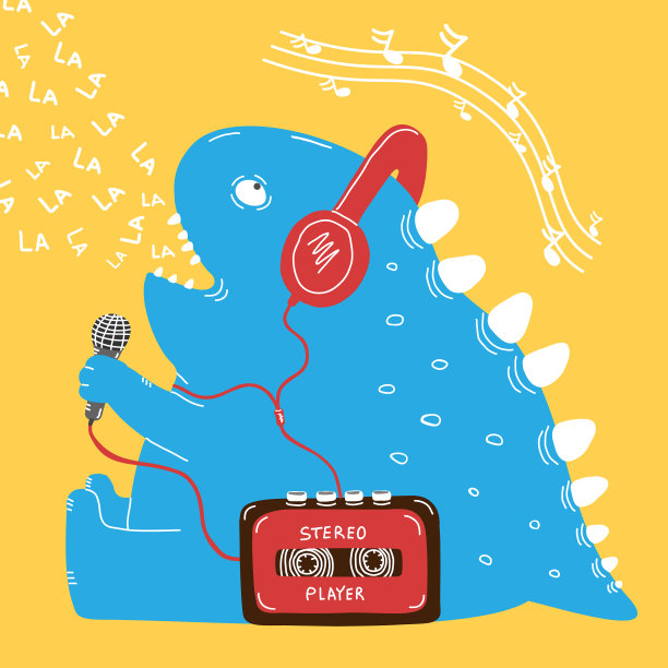 有趣的蓝色恐龙坐着对着麦克风唱歌图片下载