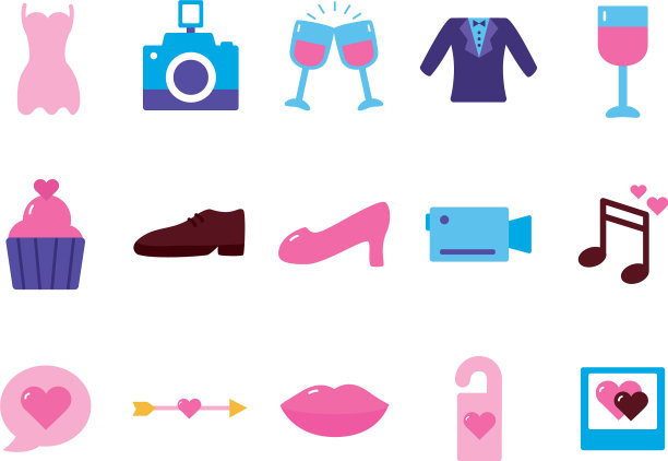 孤立的婚礼和爱情平面图标集图片下载