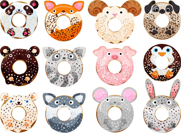 可爱的动物粉甜甜圈套装图片下载