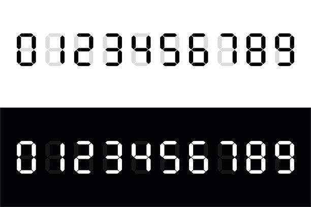 计算器的数字号码。数字时钟的数字。设置黑白电子数字。图片下载