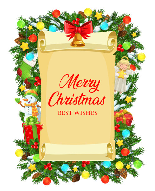 圣诞老人礼物圣诞树上的雪人旧卷轴图片下载