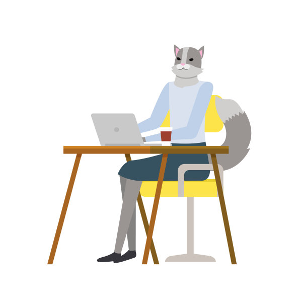 猫女角色与笔记本电脑工作图片下载