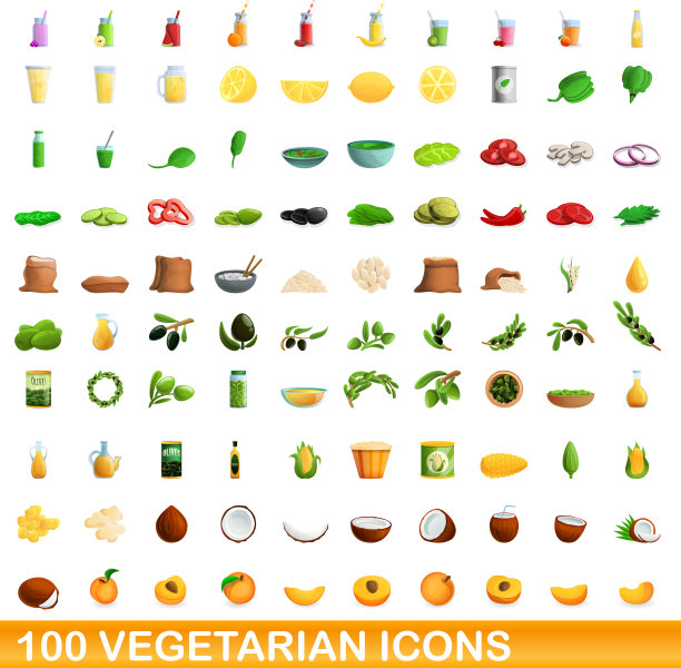 100素食图标设置卡通风格图片下载