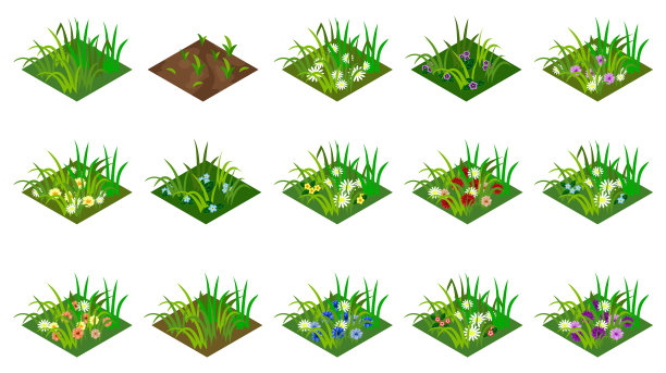 等距草和花设置孤立的瓷砖图片下载