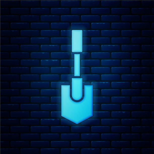 发光的霓虹灯铲子图标孤立在砖墙上图片下载