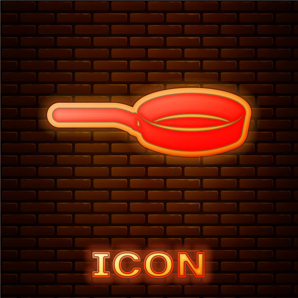 发光的霓虹灯煎锅图标孤立在砖块上图片下载