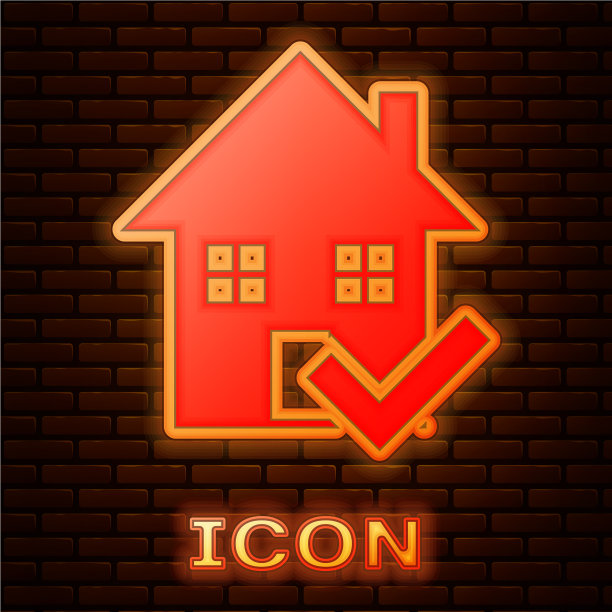 发光的霓虹灯房子与检查标志图标隔离图片下载
