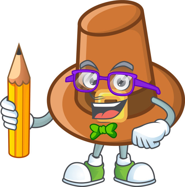 可爱的棕色朝圣者帽在学生手里拿着铅笔图片下载